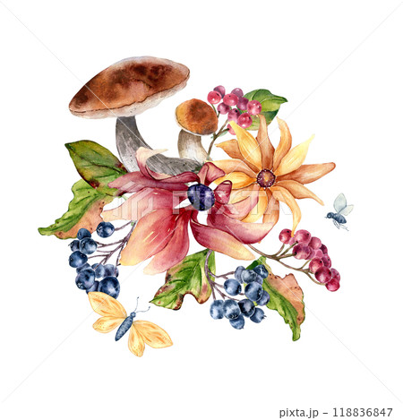 Autumn flowers rudbeckia with viburnum berries, rowan and aspen mushrooms watercolor composition isolated. Woodland plants colorful fall arrangement hand drawn in botanical sketch for nature design. Autumn flowers rudbeckia with viburnum berries, rowan and aspen mushrooms watercolor composition isolated. Woodland plants colorful fall arrangement hand drawn in botanical sketch for nature design. 118836847