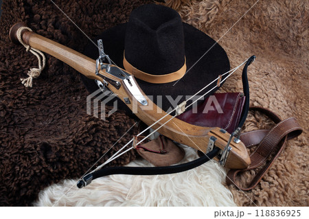vintage medieval crossbow on sheep fur background 118836925