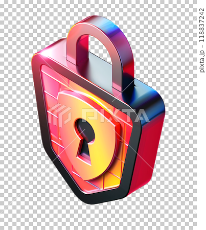 A futuristic padlock, with a glowing keyhole and a protective shield, symbolizes digital security, isolated on a transparent background. 118837242