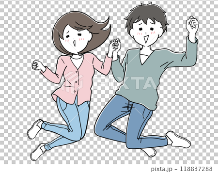 元気よくジャンプ！仲良しカップルのふたり 118837288