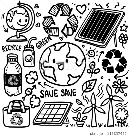 Hand drawn doodle style eco friendly energy and recycling illustration 118837435