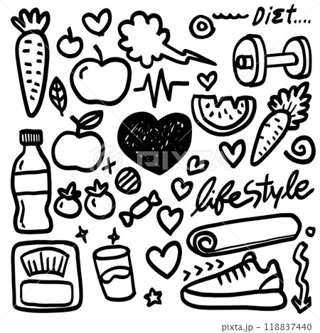 Hand drawn doodle style black and white healthy lifestyle and fitness illustration 118837440
