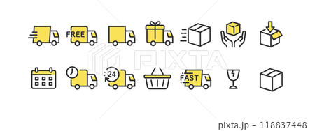 運送 配送 トラックのアイコン ベクター 素材 セット ( 主線 黄色 ポップ ) 118837448
