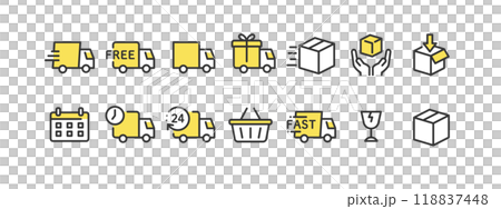 運送 配送 トラックのアイコン ベクター 素材 セット ( 主線 黄色 ポップ ) 118837448