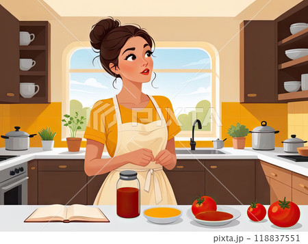 Stylized flat illustration of a thoughtful woman standing in a cozy, modern kitchen, surrounded by open recipe books and scattered utensils, with a puzzled expression on her round, caramel-colored 118837551