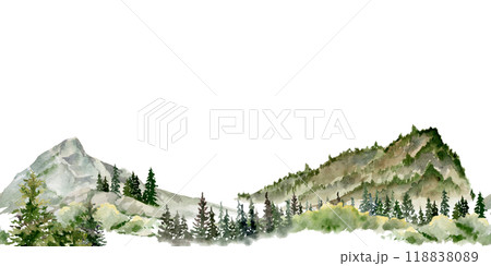 Scenery landscape coniferous forest fir spruce trees, mountains fields hills pasture land alpine vista, hand drawn in watercolor. Seamless banner. Tourism, resort ads, hiking camping sites, vacation. Scenery landscape coniferous forest fir spruce trees, mountains fields hills pasture land alpine vista, hand drawn in watercolor. Seamless banner. Tourism, resort ads, hiking camping sites, vacation. 118838089