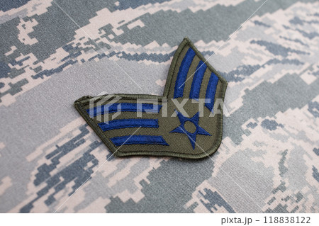 US AIR FORCE Senior Airman rank patch on digital tiger-stripe pattern Airman Battle Uniform US AIR FORCE Senior Airman rank patch on digital tiger-stripe pattern Airman Battle Uniform 118838122