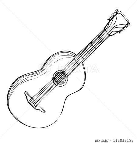 Mexican Spanish classical acoustic guitar, stringed musical instrument, flamenco folk indie. Hand drawn ink vector illustration. Single isolated element. Design concert album, entertainment, festival Mexican Spanish classical acoustic guitar, stringed musical instrument, flamenco folk indie. Hand drawn ink vector illustration. Single isolated element. Design concert album, entertainment, festival 118838155