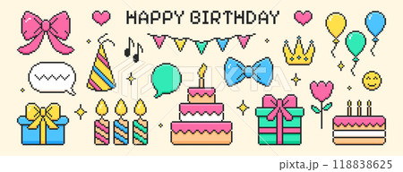 Pixel art happy birthday elements with y2k cakes, candles, gift boxes and ribbon bows 118838625