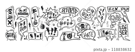 Doodle black speech bubbles or comic explosion boxes with insults, curses, aggression swearwords 118838632