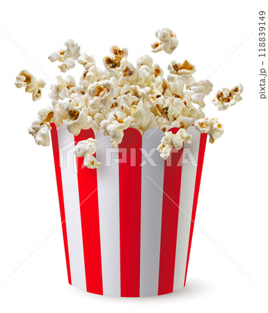 Popcorn flying out of a box close-up on a white. Isolated Popcorn flying out of a box close-up on a white. Isolated 118839149