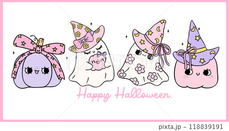 Retro Pastel Halloween Ghosts banner Coquette Spooky Cute Cartoon doodle drawing t shirt printable design 118839191