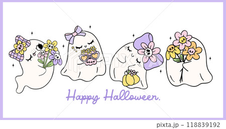 Retro Pastel Halloween Ghosts banner purple Coquette Spooky Cute Cartoon doodle drawing t shirt printable design 118839192