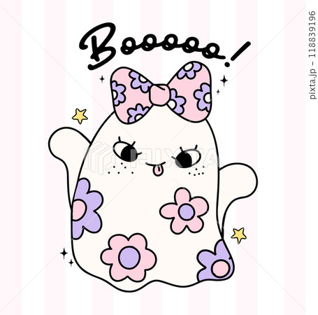 Cute Pastel Halloween floral Ghost Boo Groovy Retro Coquette Spooky Cartoon Doodle Character 118839196