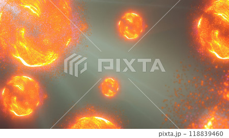 A vibrant depiction of floating orange spheres in a cosmic environment, resembling microscopic particles or cells in a glowing, ethereal space 118839460