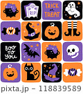 Hand drawn cartoon halloween seamless pattern with pumpkin, ghost, cat, sweets and scull. Colorful vector background illustration for fabric and gift wrap paper design or backdrop for print. 118839589