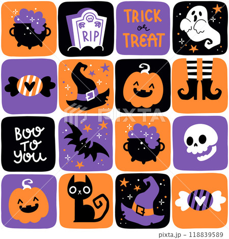 Hand drawn cartoon halloween seamless pattern with pumpkin, ghost, cat, sweets and scull. Colorful vector background illustration for fabric and gift wrap paper design or backdrop for print. Hand drawn cartoon halloween seamless pattern with pumpkin, ghost, cat, sweets and scull. Colorful vector background illustration for fabric and gift wrap paper design or backdrop for print. 118839589
