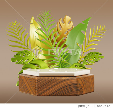 3d hexagon wooden podium with gold green palm leaf on light brown background. Render stage for organic cosmetics presentation, natural beauty product stand mockup, platform display. 3D illustration 118839642