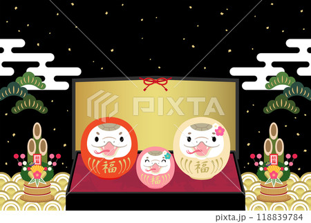 2025年　巳年　年賀状　巳だるまの親子と金屏風【黒】　文字なし 118839784