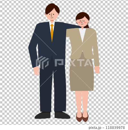Illustration of a man and woman in suits standing with their arms around each other's shoulders Illustration of a man and woman in suits standing with their arms around each other's shoulders 118839978
