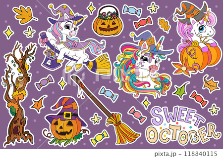 Set of Halloween unicorns and elements vector illustration 118840115