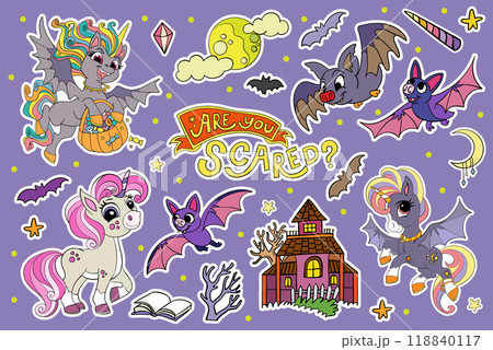 Set of Halloween cute unicorns and elements purple vector Set of Halloween cute unicorns and elements purple vector 118840117