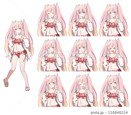 アニメ風のかわいい水着の女の子と上半身表情差分のイラスト素材