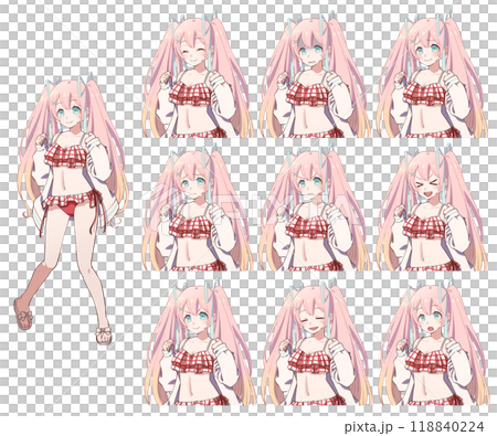アニメ風のかわいい水着の女の子と上半身表情差分のイラスト素材
