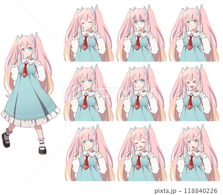 アニメ風のかわいいワンピースの女の子と上半身表情差分のイラスト素材