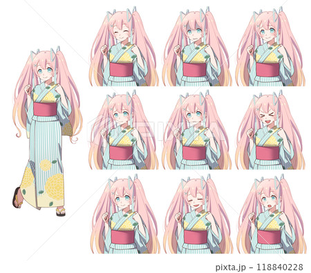 アニメ風のかわいい浴衣の女の子の全身立ち絵と上半身表情差分 アニメ風のかわいい浴衣の女の子の全身立ち絵と上半身表情差分 118840228