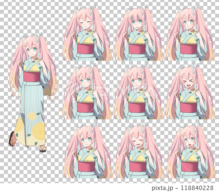 アニメ風のかわいい浴衣の女の子の全身立ち絵と上半身表情差分 アニメ風のかわいい浴衣の女の子の全身立ち絵と上半身表情差分 118840228