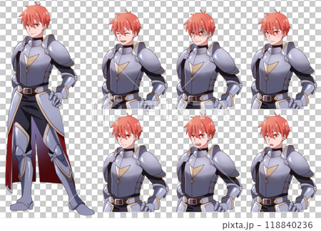 Full body portrait of a young knight in an anime-style fantasy world with different upper body expressions Full body portrait of a young knight in an anime-style fantasy world with different upper body expressions 118840236