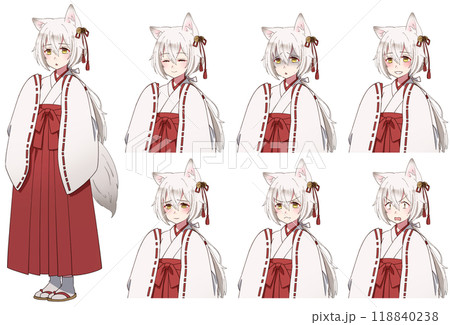 アニメ風巫女姿の狐の妖怪女の子全身立ち絵と上半身表情差分 アニメ風巫女姿の狐の妖怪女の子全身立ち絵と上半身表情差分 118840238