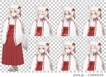 アニメ風巫女姿の狐の妖怪女の子全身立ち絵と上半身表情差分 アニメ風巫女姿の狐の妖怪女の子全身立ち絵と上半身表情差分 118840238