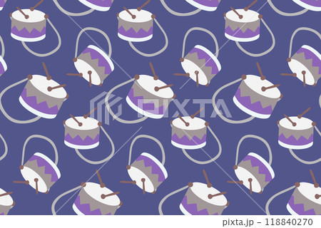 Drum flat Seamless pattern. Cartoon Color Musical background with Kids Drums and Sticks. Music Festival Background, Percussive instruments. Template for Print, Wrapping Paper, Textile, Decoration. 118840270