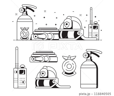 Fire Fighters Equipment Icons in Line Art Fire Fighters Equipment Icons in Line Art 118840505