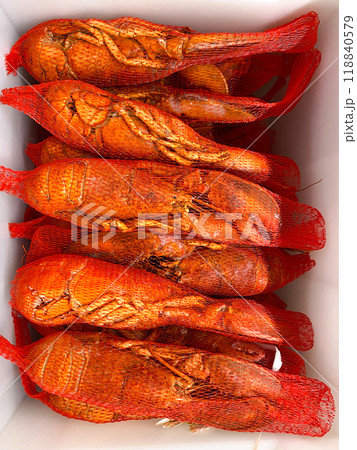 Frozen lobsters in the freezer top view Frozen lobsters in the freezer top view 118840579