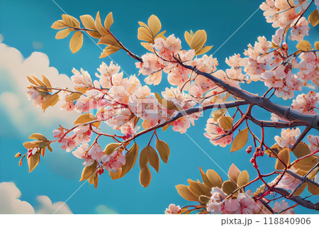 Image of a blossoming sakura branch with beautiful delicate pink flowers against a blue sky with clouds. Symbol of Japanese pride, celebration of the arrival of spring. The idea for wallpaper, 118840906