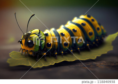 green-yellow caterpillar on a green leaf - Generative AI green-yellow caterpillar on a green leaf - Generative AI 118840938