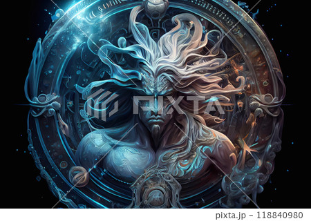 Zodiac sign - Aquarius, one of the twelve astrological signs of the zodiac. The mythical image of an athletic man, Neptune, Triton against the background of the zodiac circle and the starry sky - 118840980