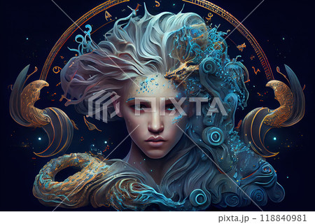 A ghostly image of a pretty girl illuminated by a mystical light against the background of the zodiac circle and the starry sky. Concept Zodiac signs - Aquarius, one of the twelve astrological signs 118840981
