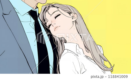 オフィスラブ：社内で男性の胸によたれかかっている若い女性