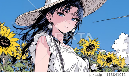 向日葵畑にいる若い女性
