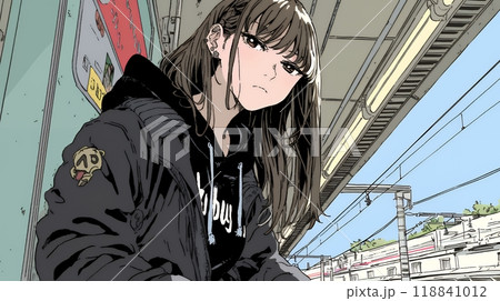 プラットホームで電車待ちをしている若い女性