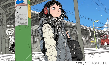 プラットホームで電車待ちをしている若い女性