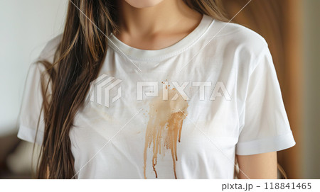 茶色の染みが付いた白いTシャツを着る女性の胸元 118841465