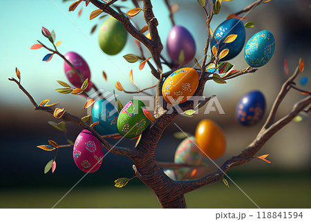 Easter tree with colorful eggs - Generative AI Easter tree with colorful eggs - Generative AI 118841594