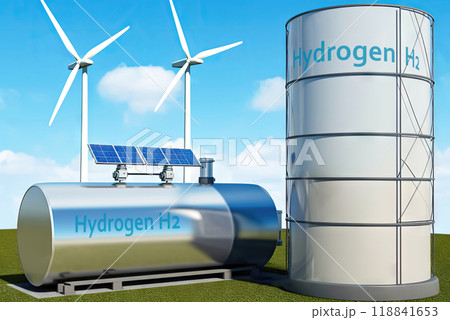 Renewable Energy Future: Hydrogen Tanks, Wind Generators, and Solar Panels - Generative AI 118841653