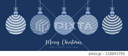 blue christmas card with hanging ball decoration with circle pattern vector illustration 118841793