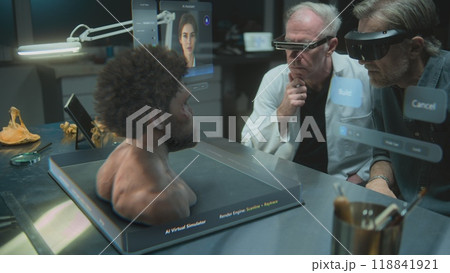 Two scientists in VR headsets conducts research. Virtual AI assistant and simulator 118841921